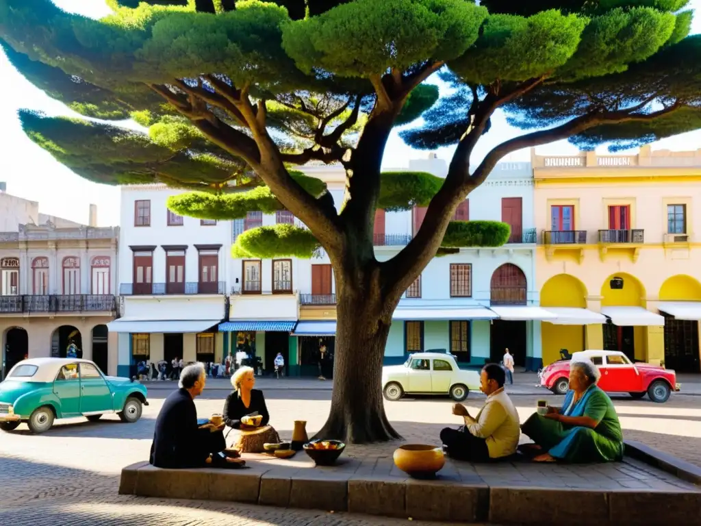 Fotografiando la vida diaria Uruguay: locales disfrutando una ceremonia de mate en una plaza de Montevideo, bajo la sombra de árboles y cielo azul