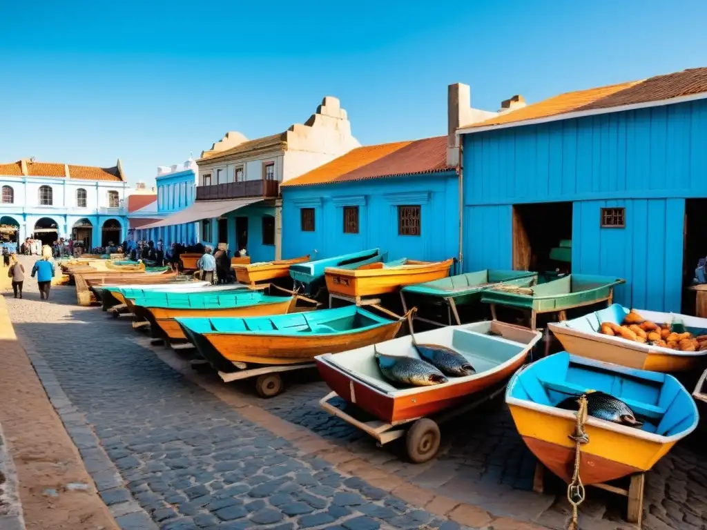 Fotografiando la vida diaria Uruguay: mercado de pescado costero, barcos rústicos, vendedor asando sardinas y niños jugando al fútbol