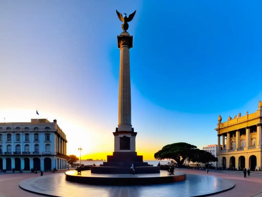 La vida oculta de José Gervasio Artigas se revela en la cálida luz del atardecer que baña su estatua en la Plaza Independencia de Montevideo, Uruguay