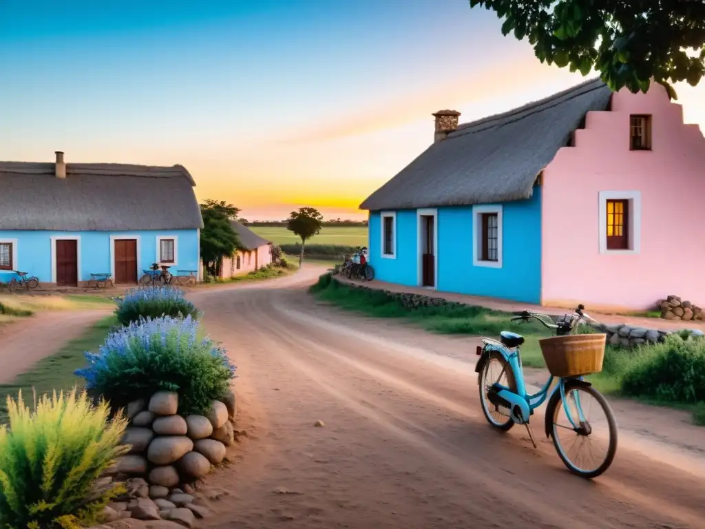 Vida rural en Uruguay pueblos: calles empedradas, casas rústicas a la luz dorada del atardecer y bicicletas vintage cargadas de productos frescos