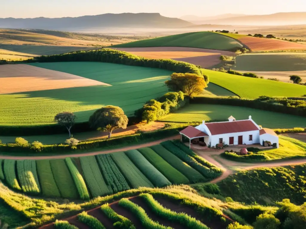 Vida rural en Uruguay pueblos: panorámica dorada del campo, granjas rojizas, vacas pacíficas y un tractor trabajando