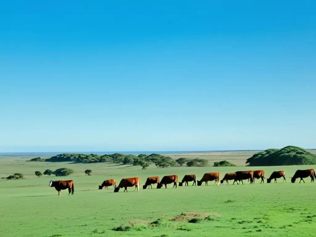 Vida rural en Uruguay pueblos: panorámica de pampas verdes, ganado Hereford, gaucho tradicional, estancia rústica y casas coloniales