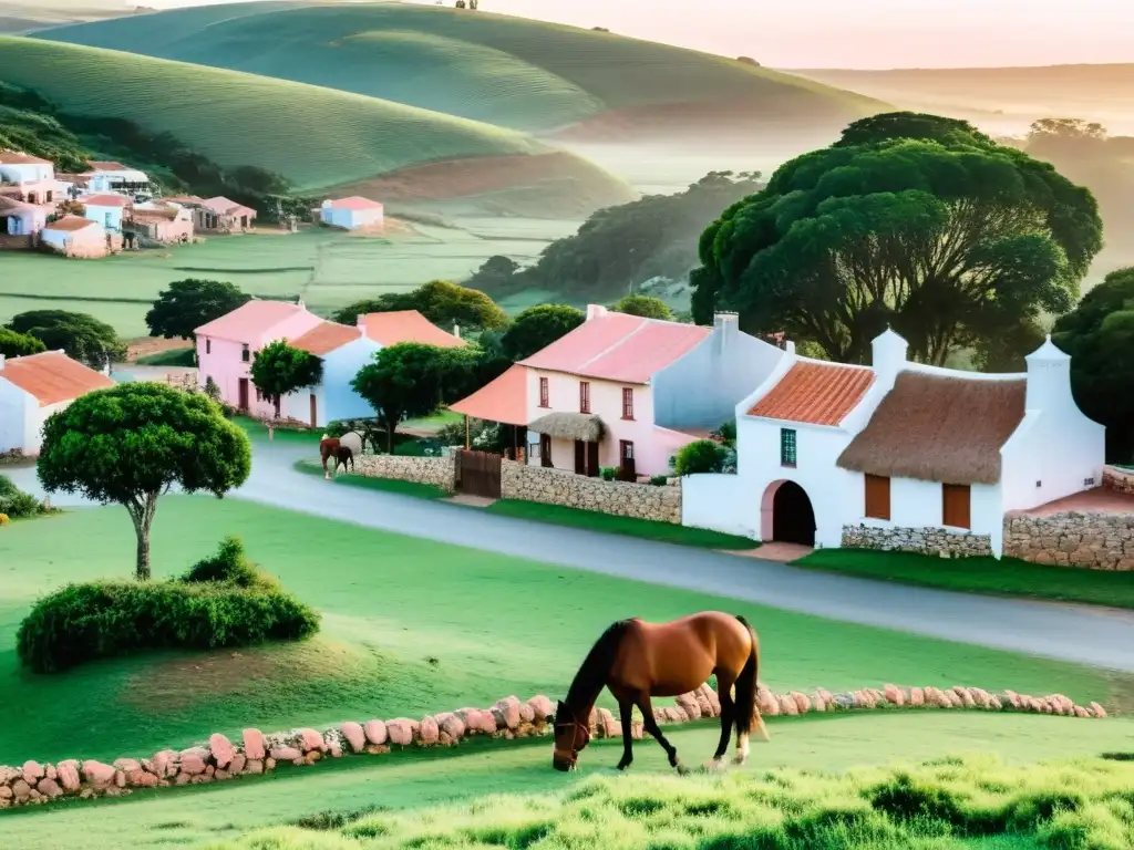 Vida rural en Uruguay pueblos: amanecer pintoresco con casas de terracota, calles empedradas y caballos pastando en lomadas verdes