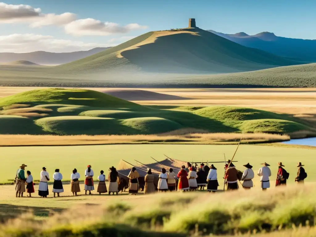 Vida de los charrúas en las vastas praderas uruguayas, recolectando comida y cazando, con sitios arqueológicos de Uruguay charrúas al fondo, simbolizando su legado duradero