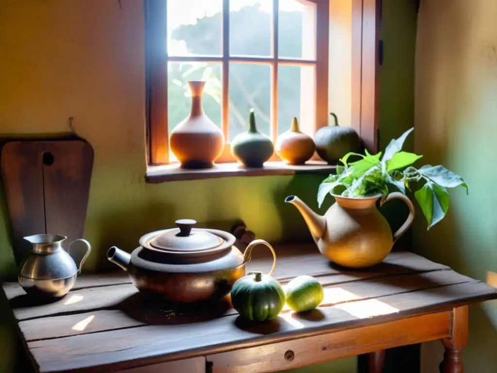 Vieja cocina uruguaya con mesa rústica, cebando mate, emblema de la tradición y cultura del mate en Uruguay, bajo la cálida luz del sol