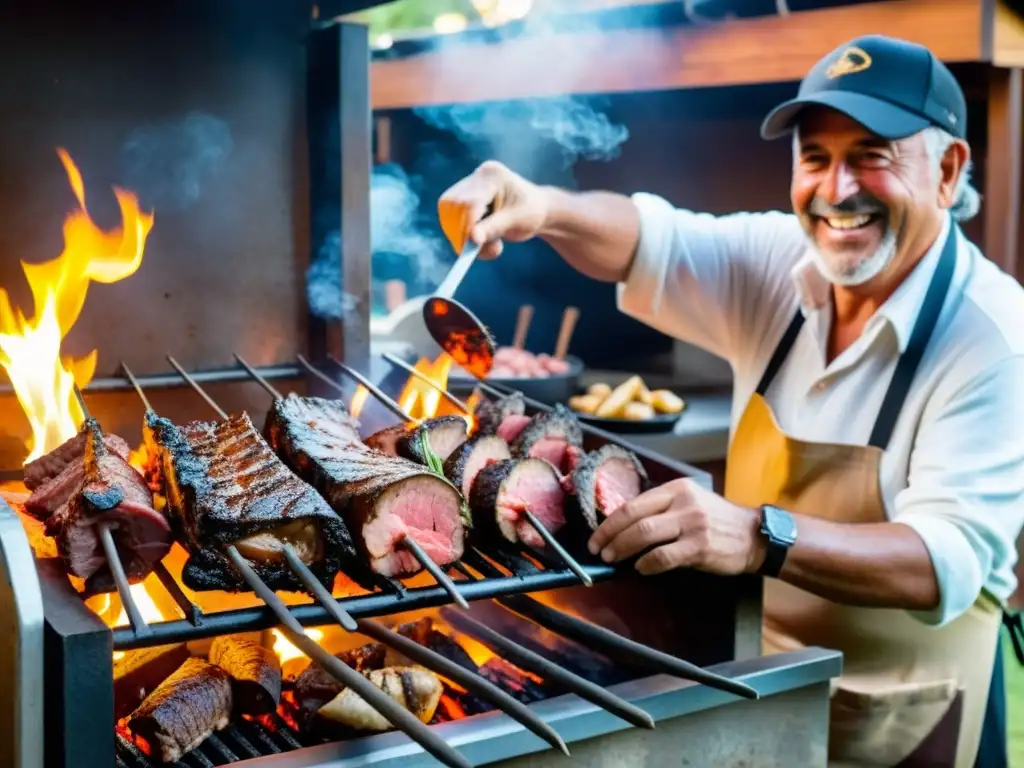 Viejo maestro del asado sonríe mientras cocina una Parrillada uruguaya tradicional al atardecer, creando un ambiente cálido y acogedor