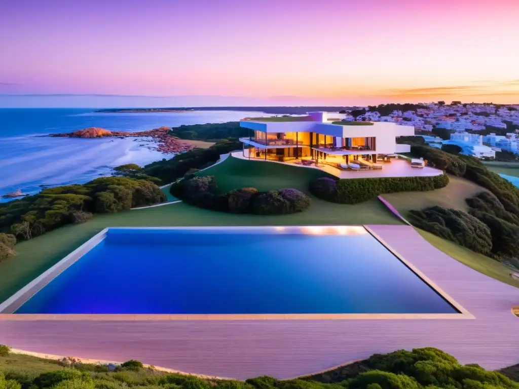 Villa de lujo en Punta del Este, Uruguay, bajo un cielo atardecer colorido - Guía completa para encontrar alojamientos en Uruguay