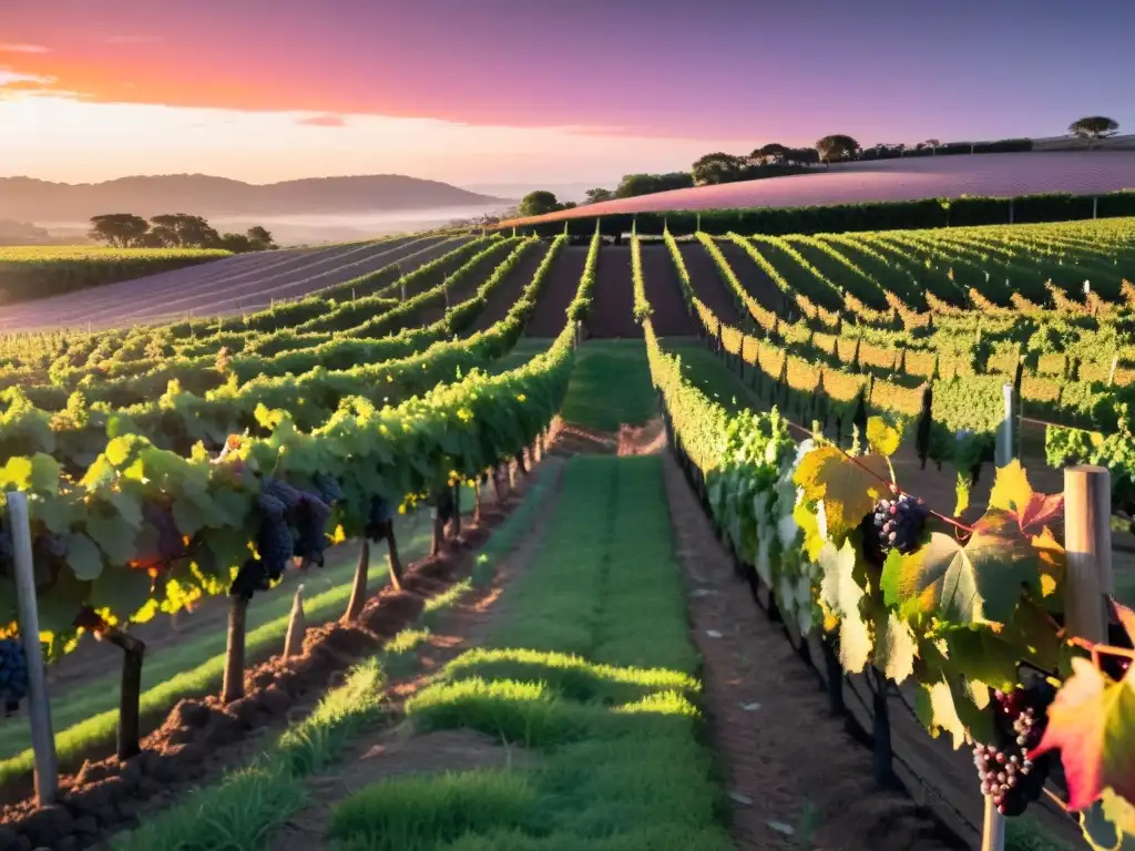 Viñedo uruguayo al atardecer con cielo vibrante y uvas Tannat maduras, trabajadores recolectando y la 'cultura del vino en Uruguay' en un barril