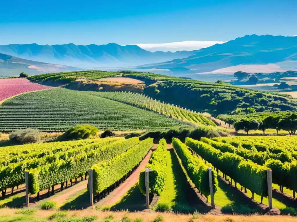 En un viñedo uruguayo bañado por el sol, trabajadores recolectan uvas multicolores en la Ruta del vino en Uruguay, con una encantadora hacienda al centro