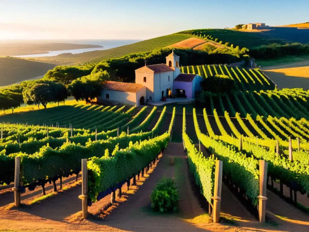 Viñedo uruguayo bañado por el sol poniente, promesa de la gastronomía diversa uruguaya y sus regiones culinarias