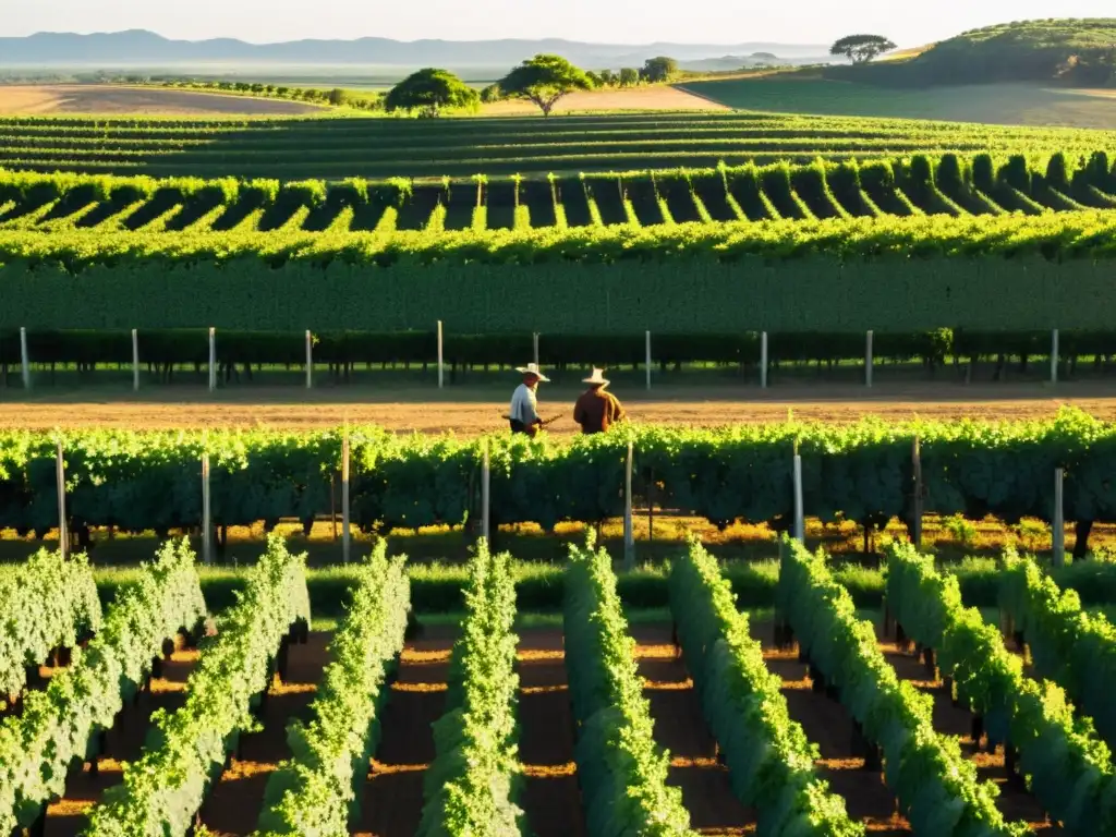 Tradición vitivinícola en Uruguay: gauchos cuidando viñedos dorados al atardecer, junto a una bodega rústica con barriles de vino y un camión antiguo