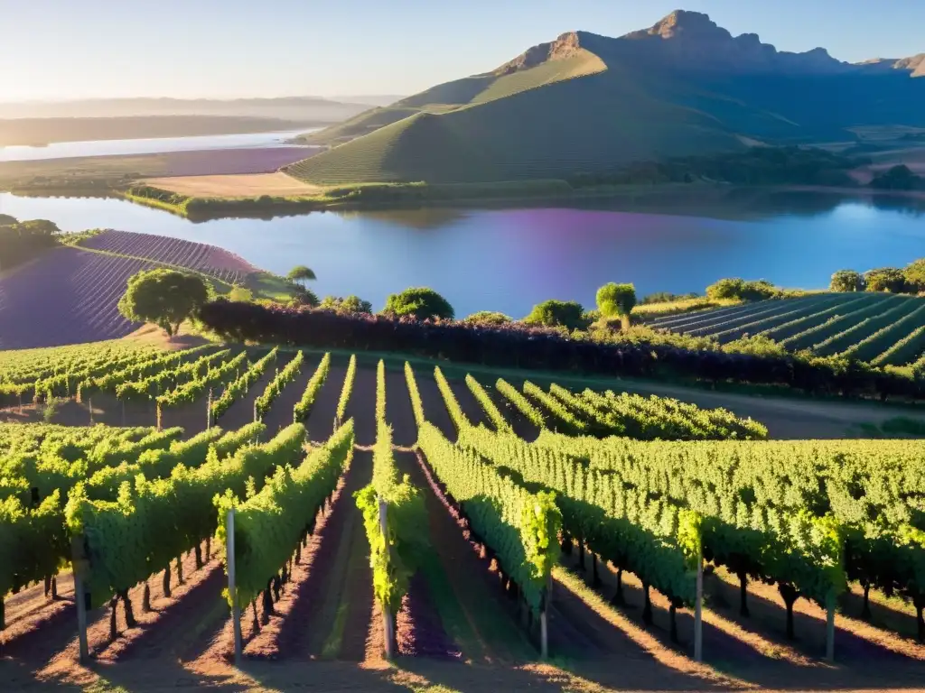 Viñedos uruguayos para fotógrafos paisajistas, bañados por la suave luz del amanecer, con uvas púrpuras y un trabajador solitario