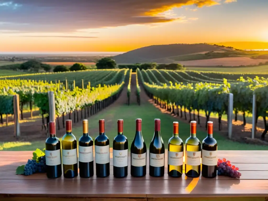 Vinos uruguayos cultura belleza, destellando en copa sobre una mesa rústica, ante un viñedo dorado por el sol y majestuosas montañas andinas