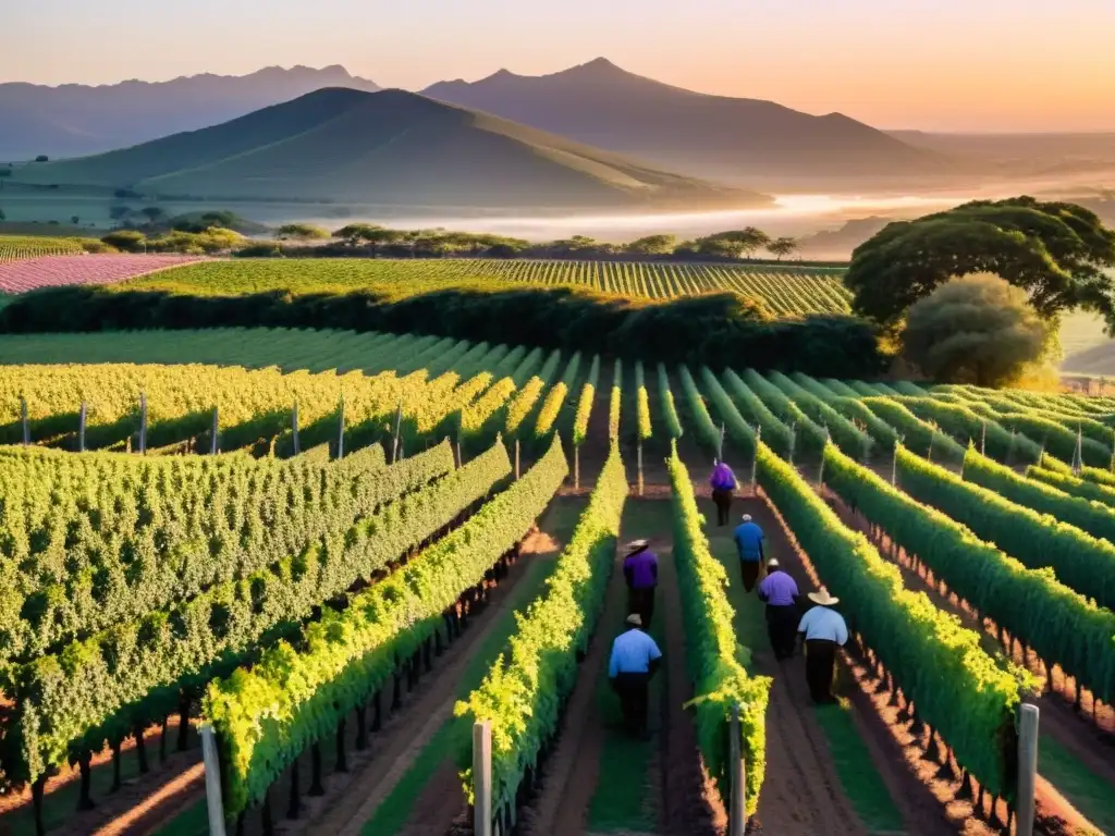 Vinos uruguayos, cultura y belleza en una panorámica de viñedo al atardecer, gauchos trabajando y cata de Tannat en primer plano