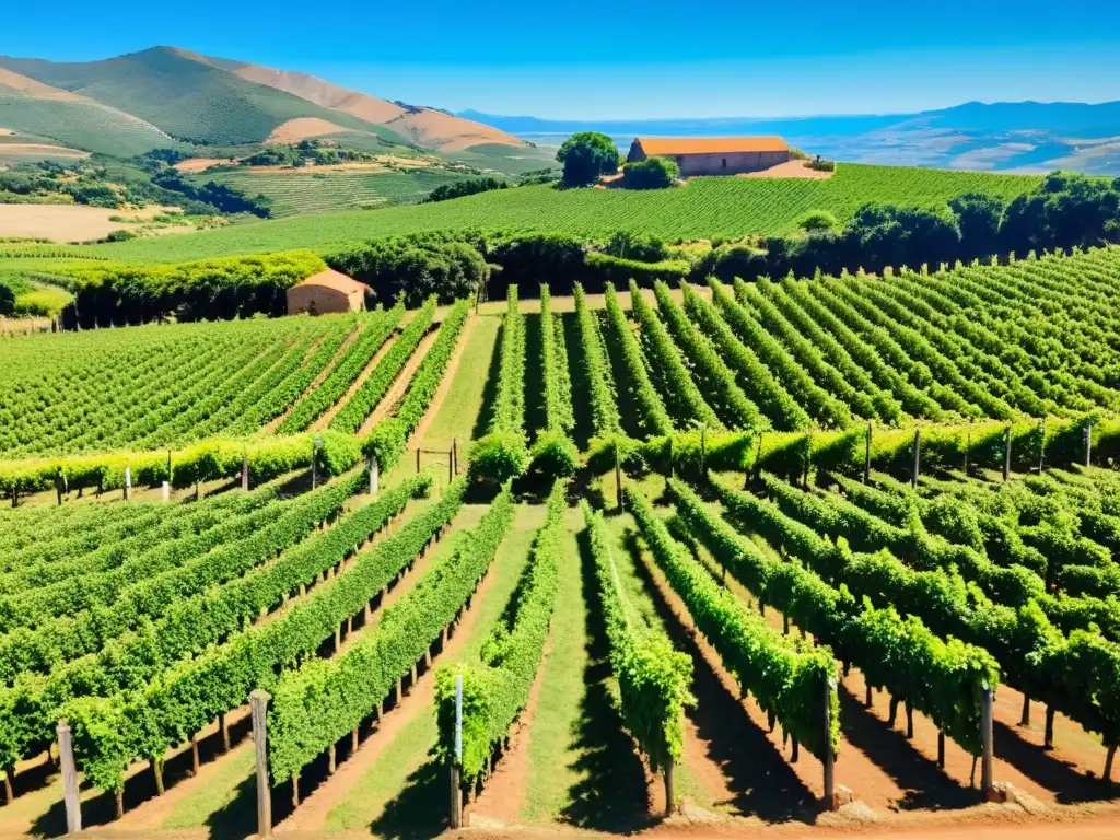 'Vinos uruguayos cultura belleza: Viñedo soleado, frutos jugosos y un trabajador dedicado bajo un cielo azul vibrante