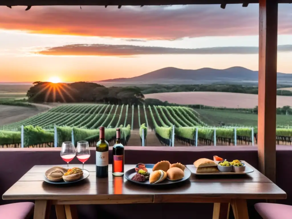 Vinos uruguayos reflejando la puesta de sol en viñedos, en una mesa rústica con delicias locales, enalteciendo la cultura y belleza de Uruguay