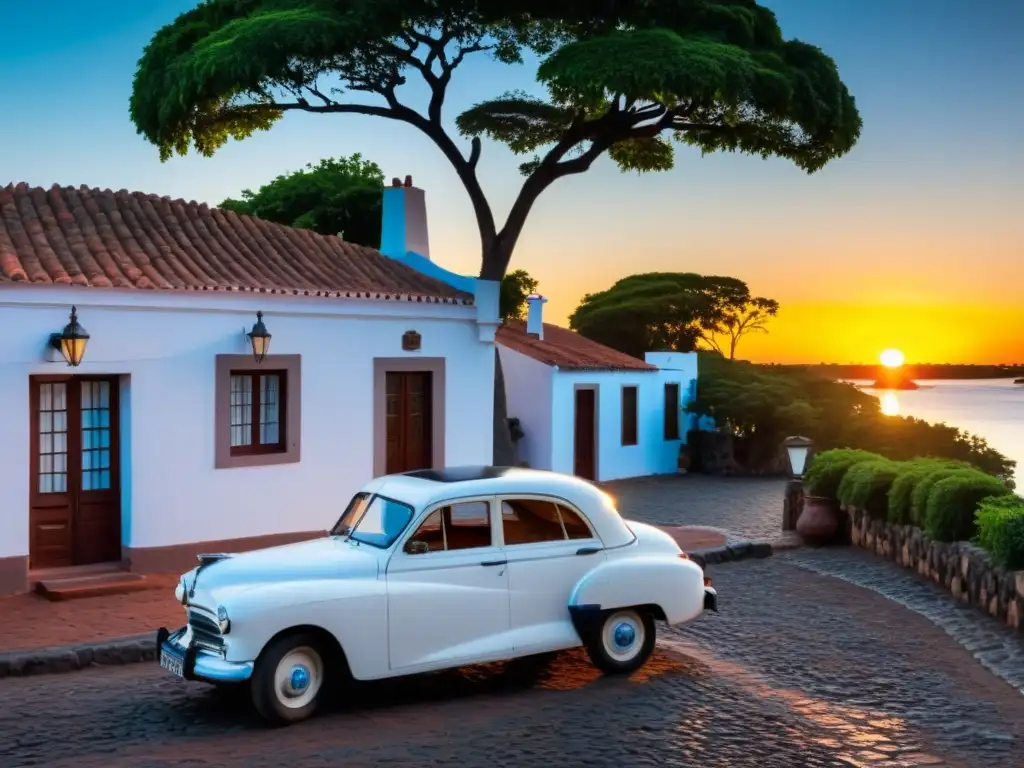 Vintage car junto a una casa portuguesa en calles de adoquines de Colonia del Sacramento, Patrimonio de la UNESCO en Uruguay, bajo un atardecer exquisito