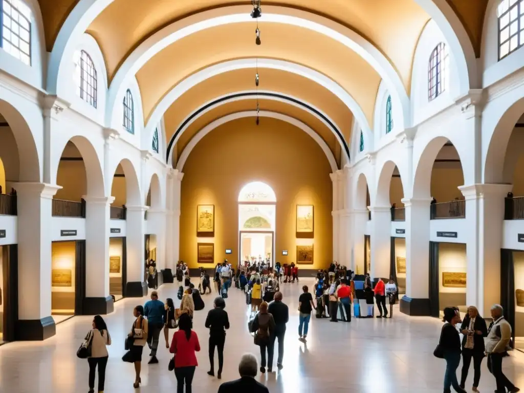 Visitantes de todas las edades disfrutan la cultura uruguaya bajo costo, absortos en las diversas exposiciones de un majestuoso museo en Uruguay