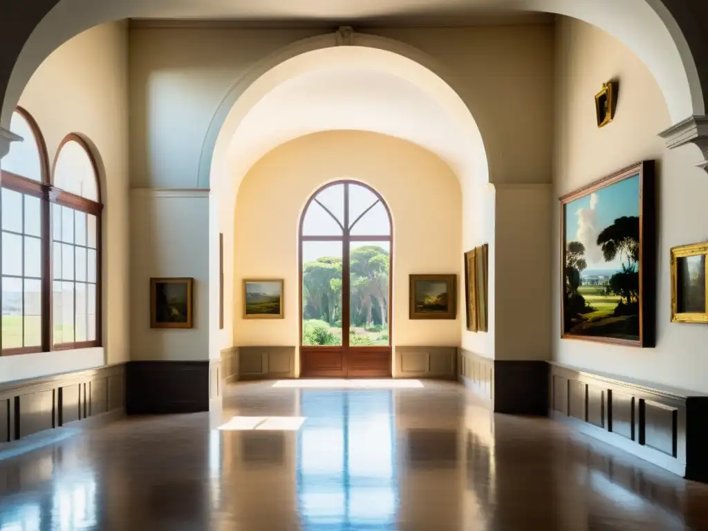 Visitantes admirando la impresionante colección de arte en el Museo Joaquín Torres García Montevideo, bañada en luz natural suave