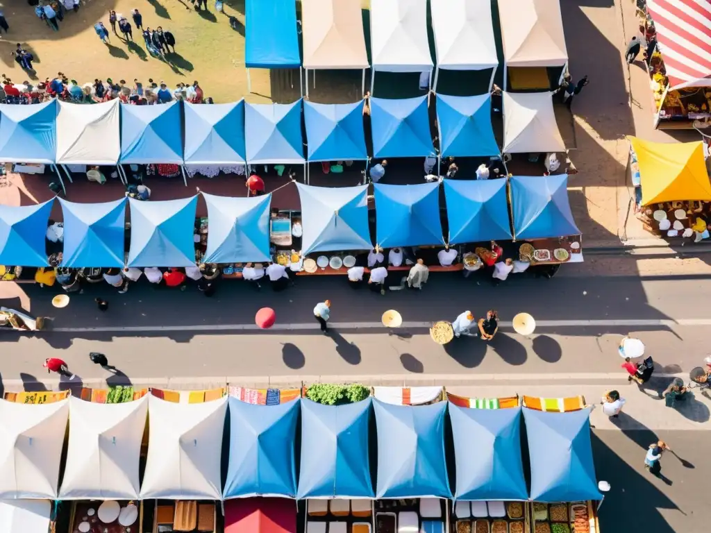 Vista aérea de un animado evento gastronómico en Uruguay, lleno de color y sabor en pleno corazón de Montevideo