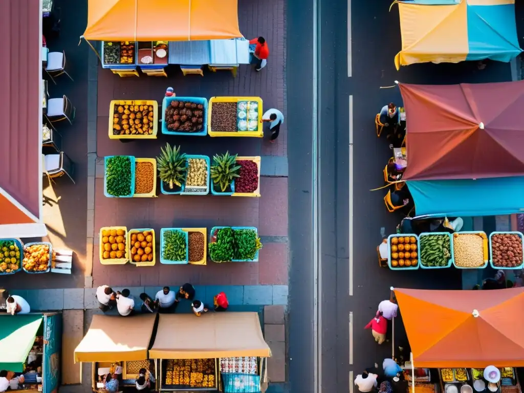 Vista aérea de un animado mercado callejero uruguayo lleno de eventos gastronómicos que reflejan la cultura uruguaya, al atardecer