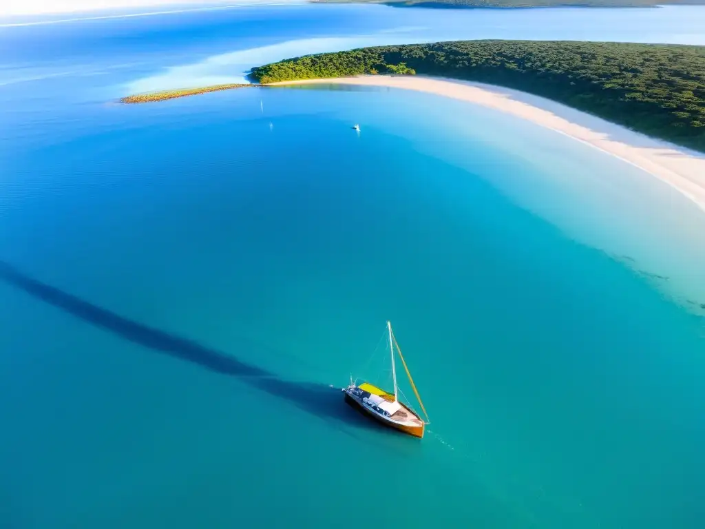 Vista aérea del Archipiélago de las Sirenas en Uruguay, bañado por el ocaso dorado y las tranquilas aguas turquesas del Atlántico