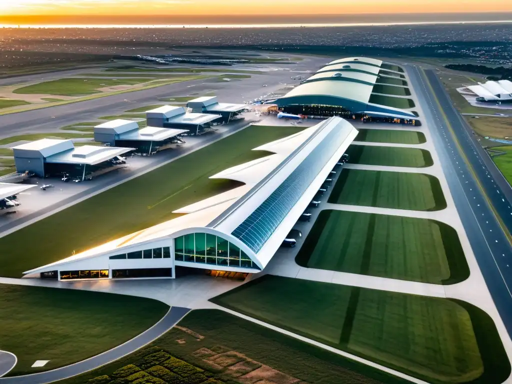 Vista aérea al atardecer del Aeropuerto Internacional Carrasco en Montevideo, Uruguay