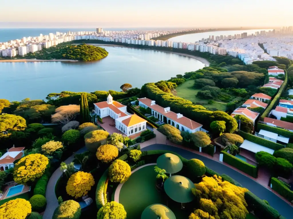 Vista aérea al atardecer del barrio Carrasco, joya entre los barrios pintorescos para hospedarte en Montevideo, resplandeciendo en paz y lujo