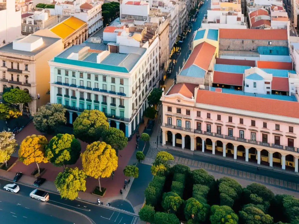 Vista aérea de Montevideo al atardecer, destacando sus barrios pintorescos para hospedarte, llenos de encanto y color