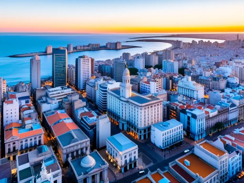 Vista aérea de Montevideo al atardecer, mostrando la belleza y cultura de Uruguay: música tradicional, arquitectura ecléctica y colores vibrantes