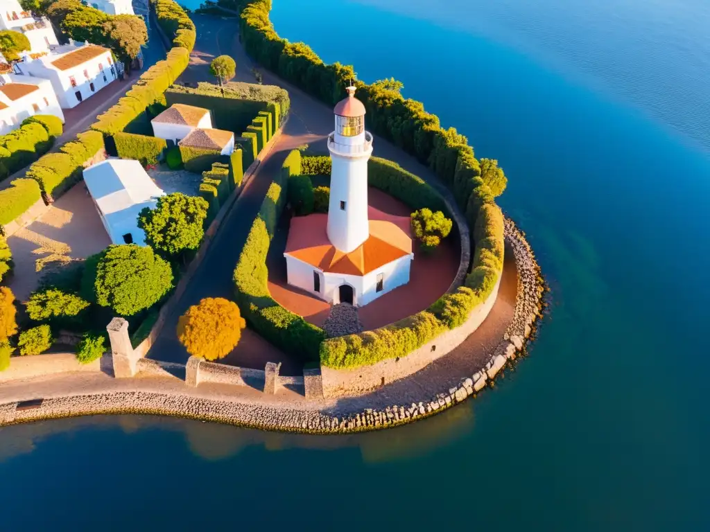 Vista aérea al atardecer de Colonia del Sacramento, uno de los 'lugares ocultos Uruguay viaje fotográfico', con calles empedradas y su faro imponente