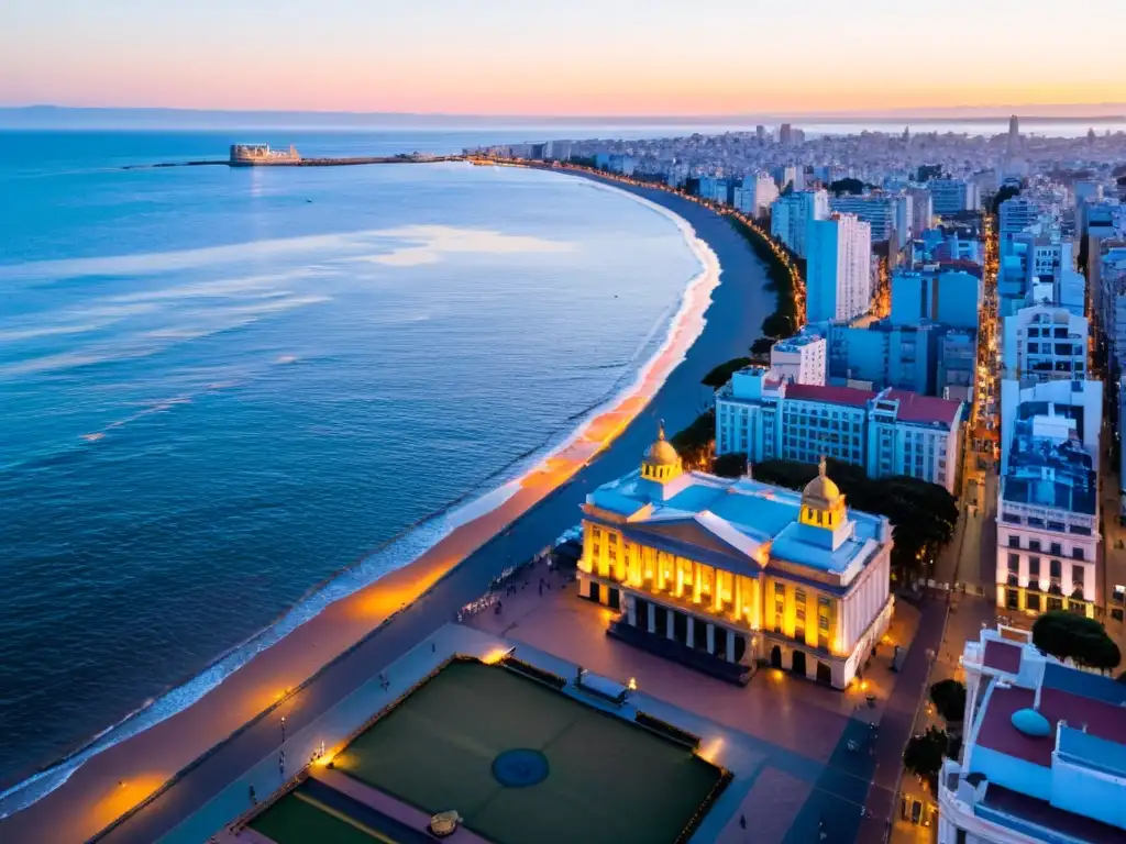 Vista aérea de Montevideo, Uruguay al atardecer; consejos fotografía Montevideo Uruguay para captar la vida y arquitectura única