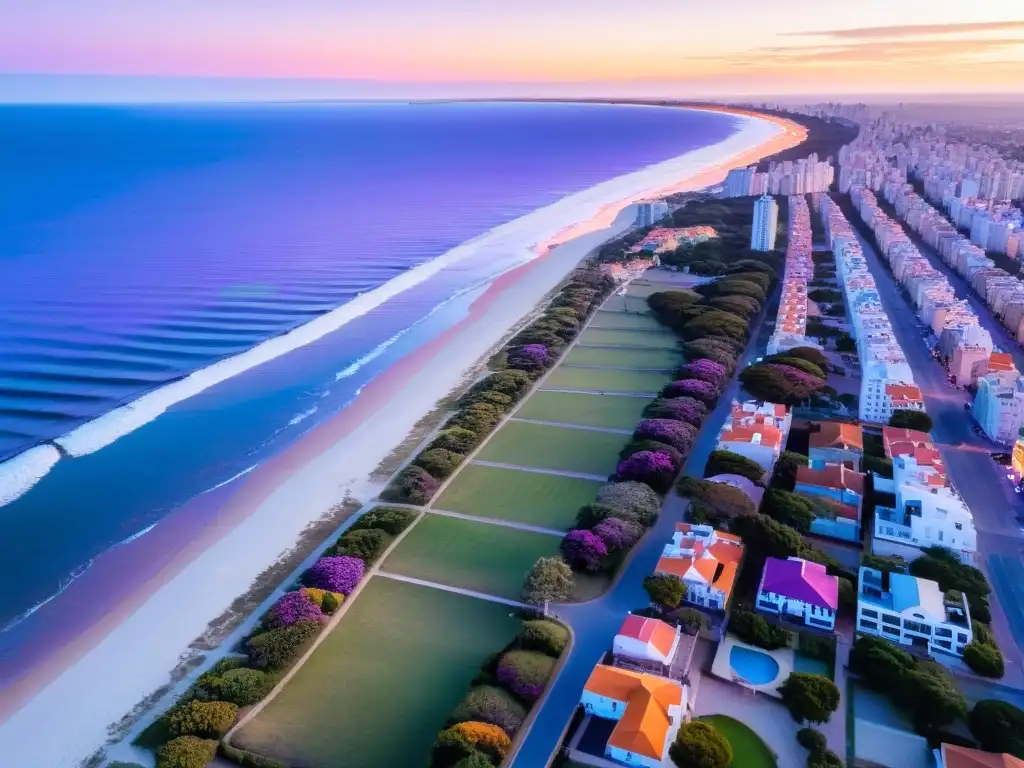 Vista aérea al atardecer de la costa uruguaya, reflejo de tonos vibrantes en el mar, la mejor época para viajar a Uruguay con ahorro