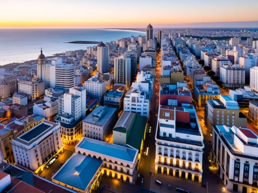 Vista aérea de Montevideo, Uruguay al atardecer, mostrando la diversidad y los desafíos contemporáneos de la inmigración en Uruguay