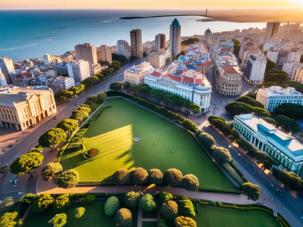 Vista aérea de un atardecer dorado en Montevideo, Uruguay, resaltando la accesibilidad del lugar para un Viaje a Uruguay con movilidad reducida