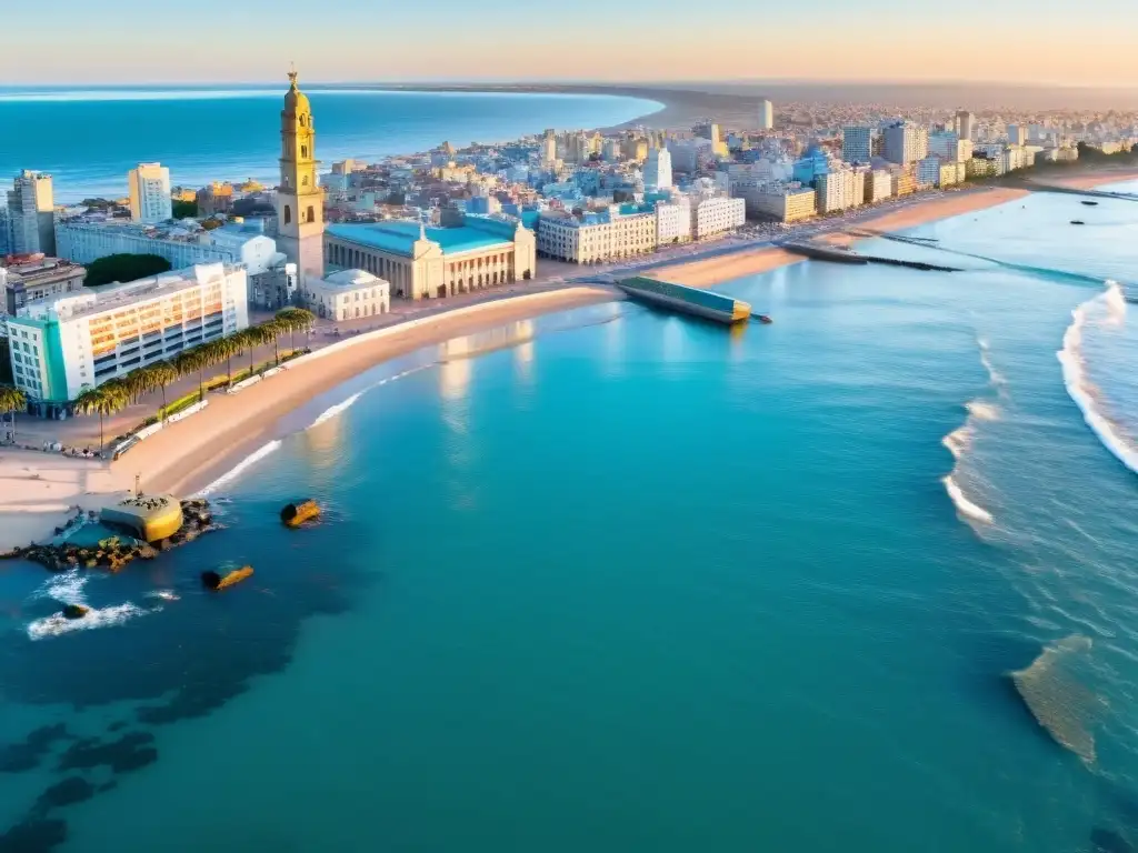 Vista aérea de Montevideo en el atardecer dorado, con playas extensas y arquitectura colonial, y logos flotantes de seguros de viaje para Uruguay