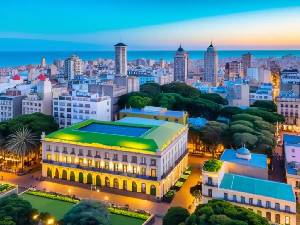 Vista aérea de Montevideo bajo un atardecer dorado, destacando 'Tienda Naturista', una de las tiendas naturistas orgánicas en Uruguay