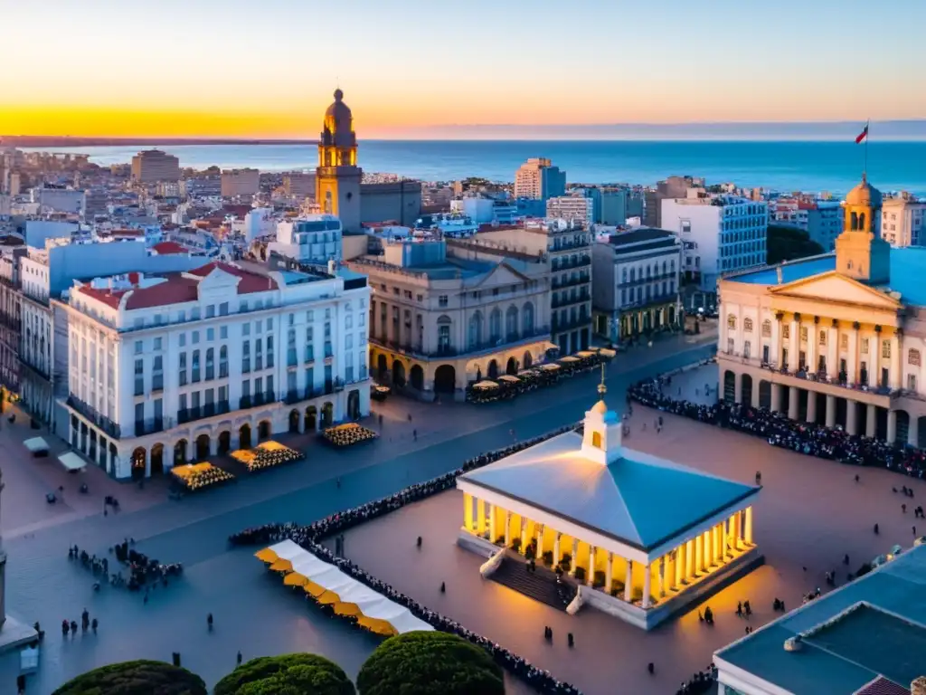 Vista aérea de Montevideo, Uruguay al atardecer, reflejando los eventos históricos Uruguay 2022 bajo un cielo dorado