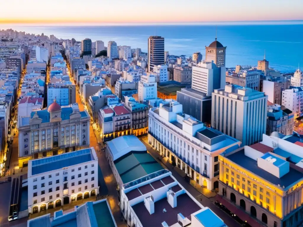 Vista aérea de Montevideo al atardecer, reflejando historia y modernidad en su arquitectura, bajo un cálido sol