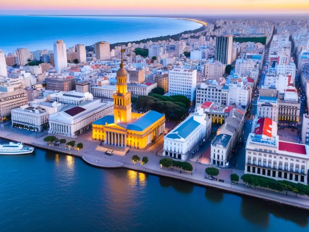 Vista aérea de Montevideo al atardecer, destacando el impacto histórico de Uruguay a través del Palacio Salvo y la modernidad de su arquitectura