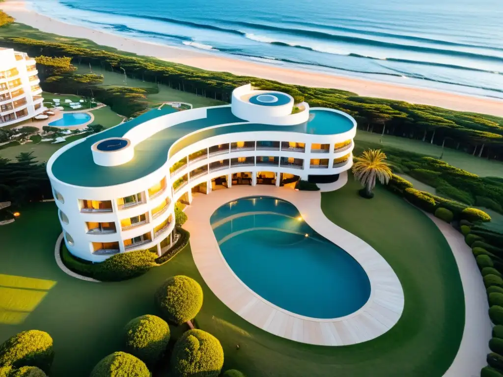 Vista aérea del atardecer en uno de los mejores hoteles 5 estrellas de Uruguay, ubicado en Punta del Este con una arquitectura moderna y lujosa, rodeado de jardines tropicales y una piscina brillante, con la ciudad y el emblemático faro a lo lejos