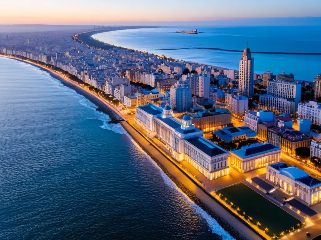 Vista aérea del atardecer en Montevideo, Uruguay, destacando los mejores hoteles 5 estrellas, como el icónico Hotel Carrasco, junto al Río de la Plata