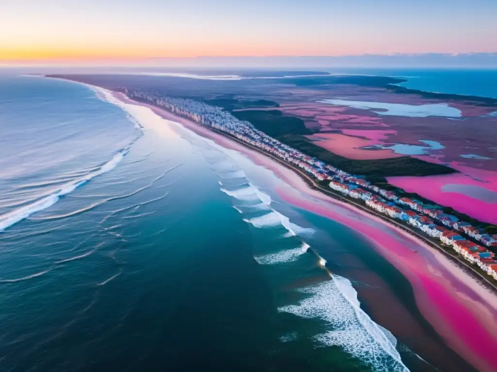 Vista aérea al atardecer de las mejores termas marinas balnearios de Uruguay, con colores vibrantes reflejados en el océano