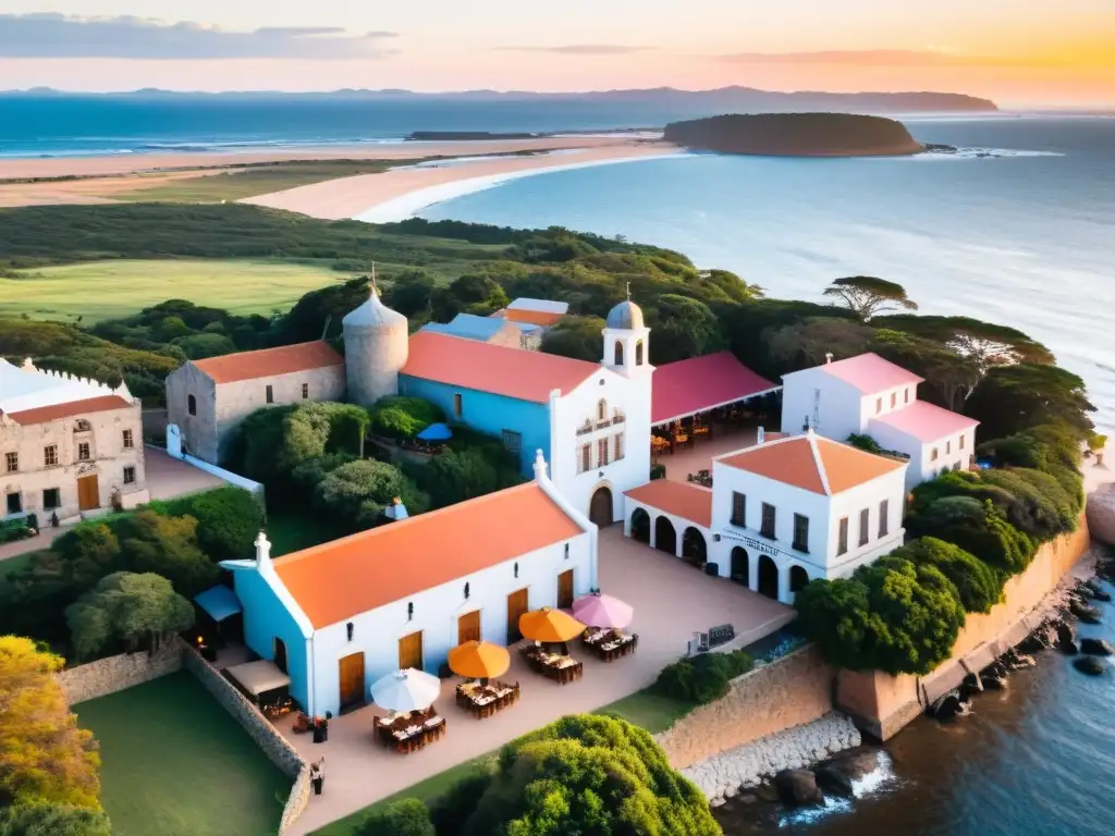 Vista aérea del atardecer en Uruguay, con las mejores cervecerías artesanales en Uruguay resplandeciendo entre la costa y la vegetación