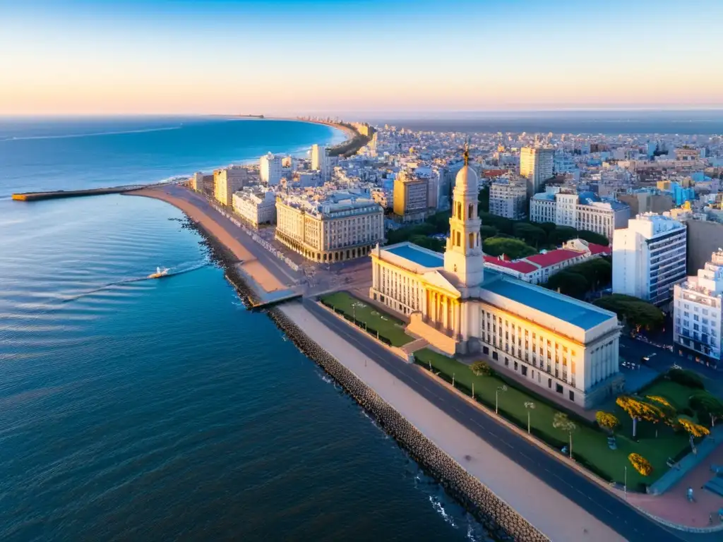 Vista aérea de Montevideo al atardecer, reflejando el movimiento cultural contemporáneo de Uruguay