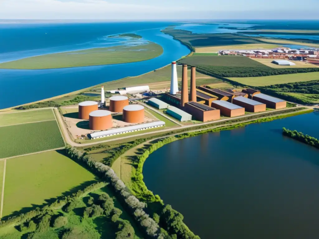 Vista aérea al atardecer del Paisaje Industrial Fray Bentos Uruguay, patrimonio de la UNESCO, en armonía con la naturaleza