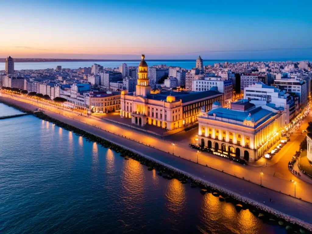 Vista aérea de Montevideo al atardecer, con el Palacio Salvo y autos clásicos en la Rambla, preparándose para La Noche de la Nostalgia en Uruguay