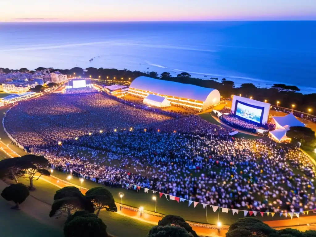 Vista aérea al atardecer de Punta del Este, con luces de la ciudad parpadeando y el Festival Internacional Canción Punta Este en pleno apogeo, lleno de entusiastas de la música global