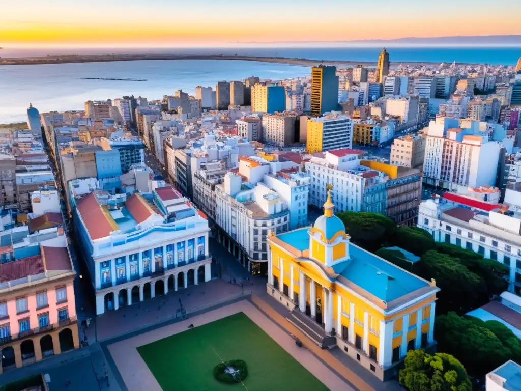 Vista aérea de Montevideo al atardecer, donde el recorrido fotográfico de cultura y tradiciones de Uruguay cobra vida