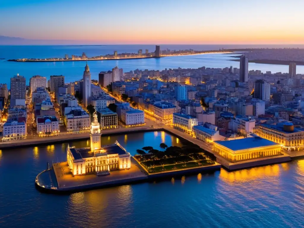 Vista aérea de Montevideo al atardecer, recorrido fotográfico que captura la cultura y tradiciones de Uruguay